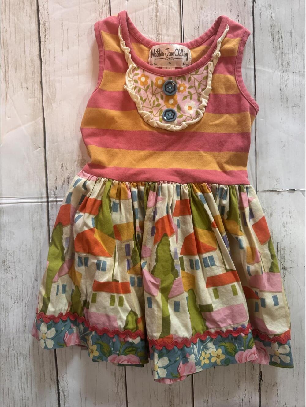 Matilda Jane 12M Striped Village Print Dress Pink Yellow Floral Boutique